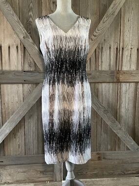 NWT Anne Klein Sheath Dress Size 10 Abstract Brushstroke Print Black Cream Lined
